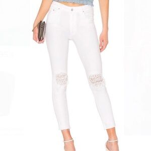 Mother Looker Ankle Fray Distressed Stretch Mid Rise White Denim Size 30